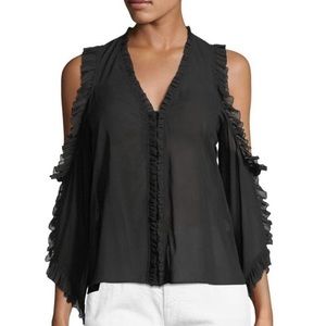 ALICE + OLIVIA  Sheer Trend!! Ruffle Trimmed Cold Shoulder Stretch Silk blouse